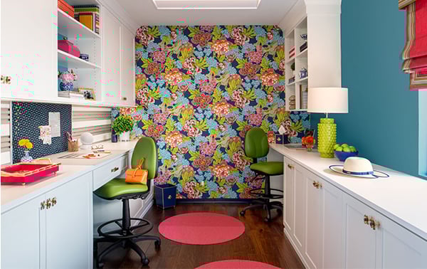 Custom Home Office Design | California Closets Pasadena Home office with two workstations, cabinets, shelves by California Closets Pasadena.