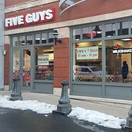 Store front of Five Guys at 701 Frank E. Rodgers Boulevard South in Harrison, NJ.