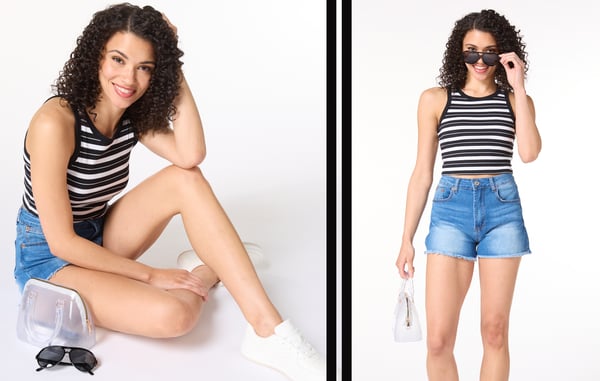 Model is wearing a black and white striped tank top and jean shorts.
