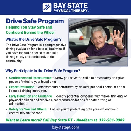 Adult driver participating in the Drive Safe Program at Bay State Physical Therapy in Needham, MA, a comprehensive driving evaluation for safety and confidence.