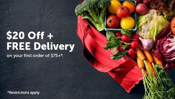 Bag of fresh vegetables. "$20 off + FREE Delivery on your first order of $75+. Restrictions Apply"