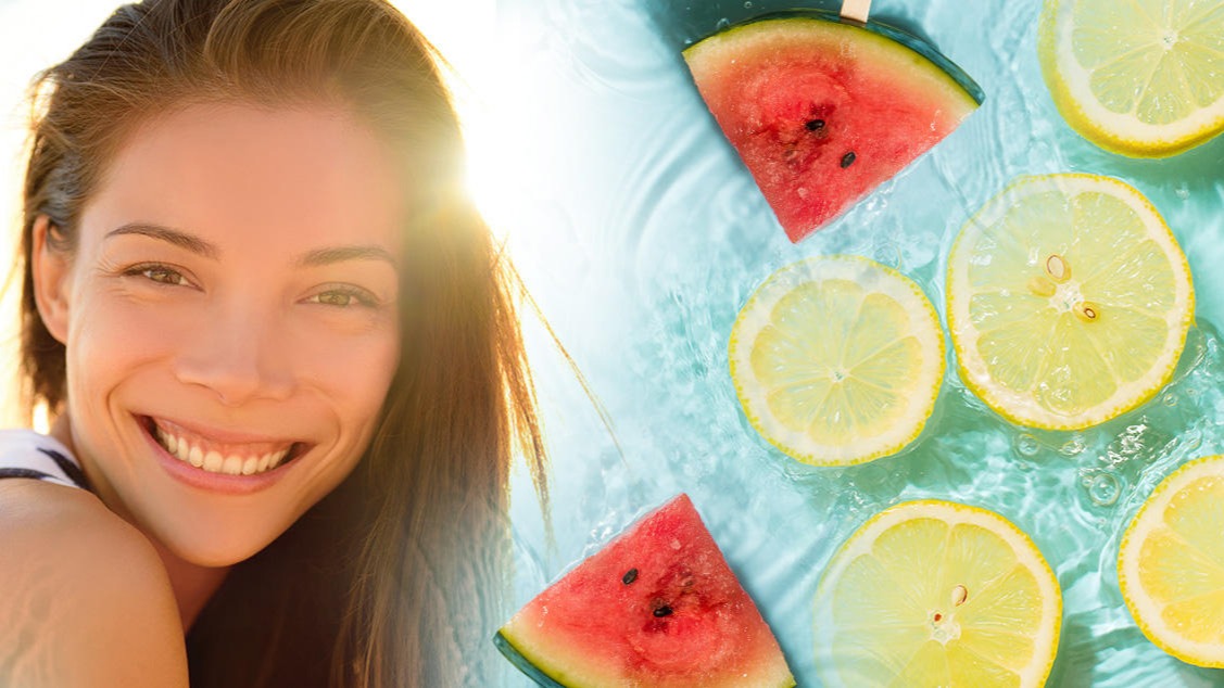 Summer fruits and refreshing glowing woman