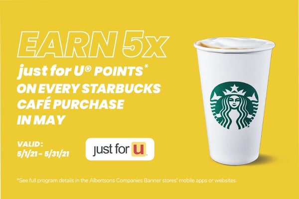 Earn 5x points on every Starbucks cafe purchase in may 5/1/21 - 5/31/21