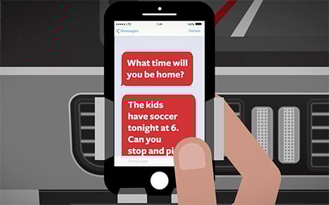 Animated image of a hand holding a phone, meant to interpret someone reading text messages and being distracted from the road