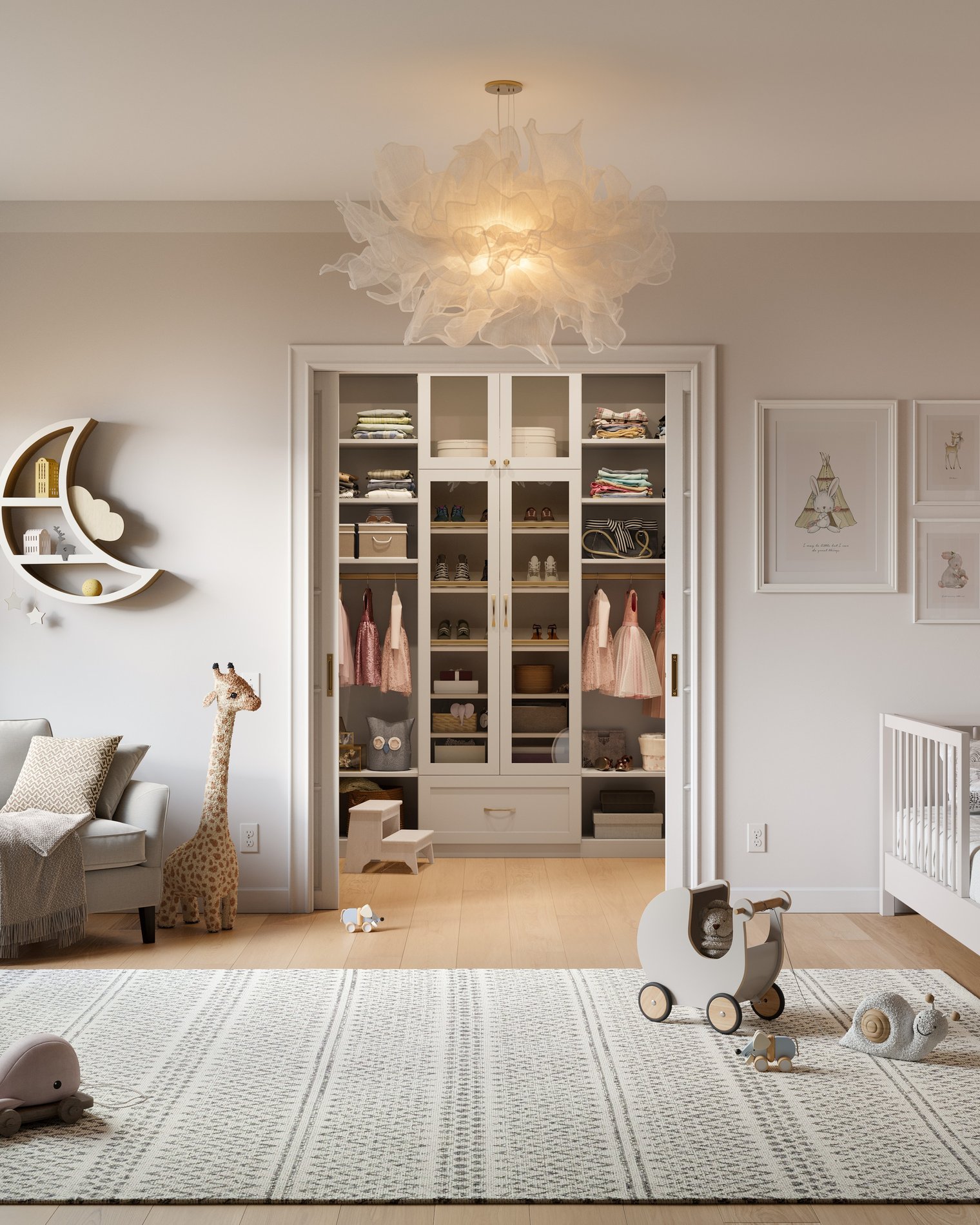 Kids Walk-In Closet Kids walk-in closet with glass doors, shelving and hanging space.