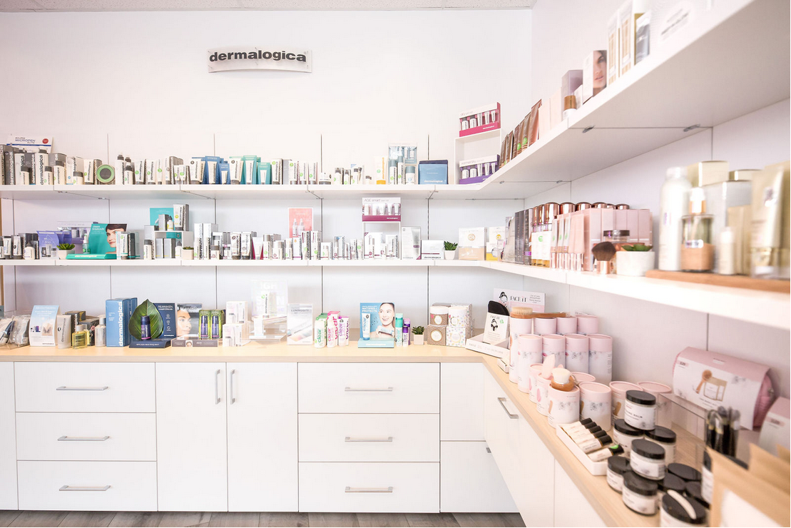 Retail display and storage Front view of shelving and drawers used to display and store skincare products