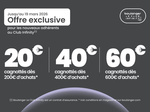 Du 10 au 19 mars 2026, 20€ offerts dès 200€ d’achats, 40€ offerts dès 400€ d’achats et 60€ offerts dès 600€ d’achats sur votre cagnotte, limité à 60€.