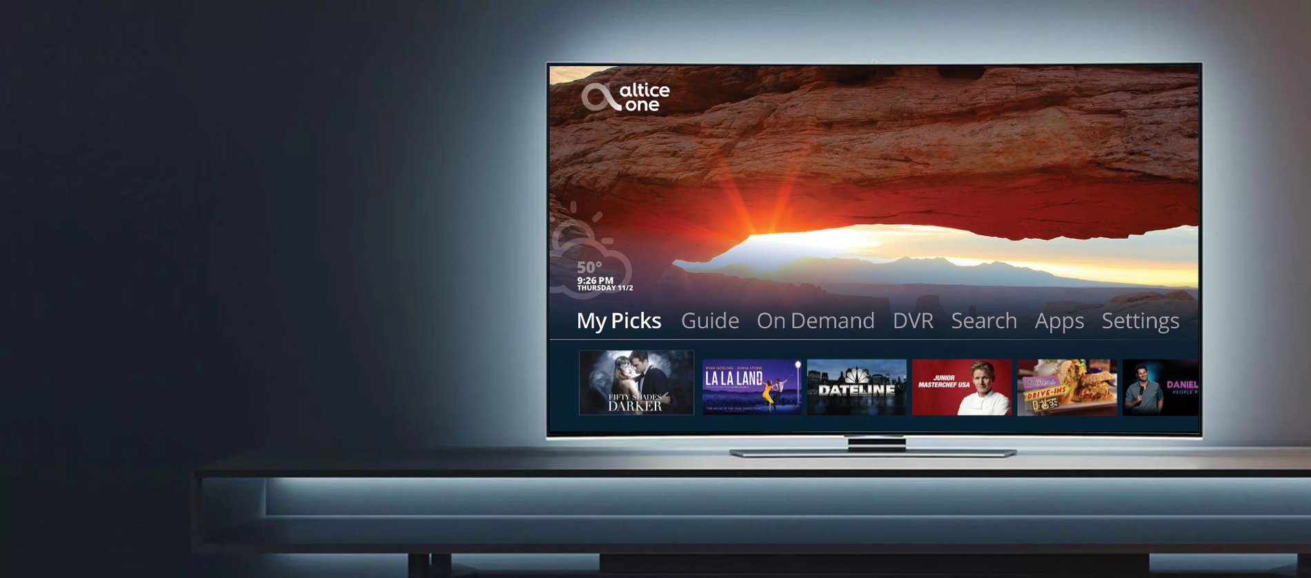 Photo of an Optimum TV connected screen in a living room, displaying viewing options
