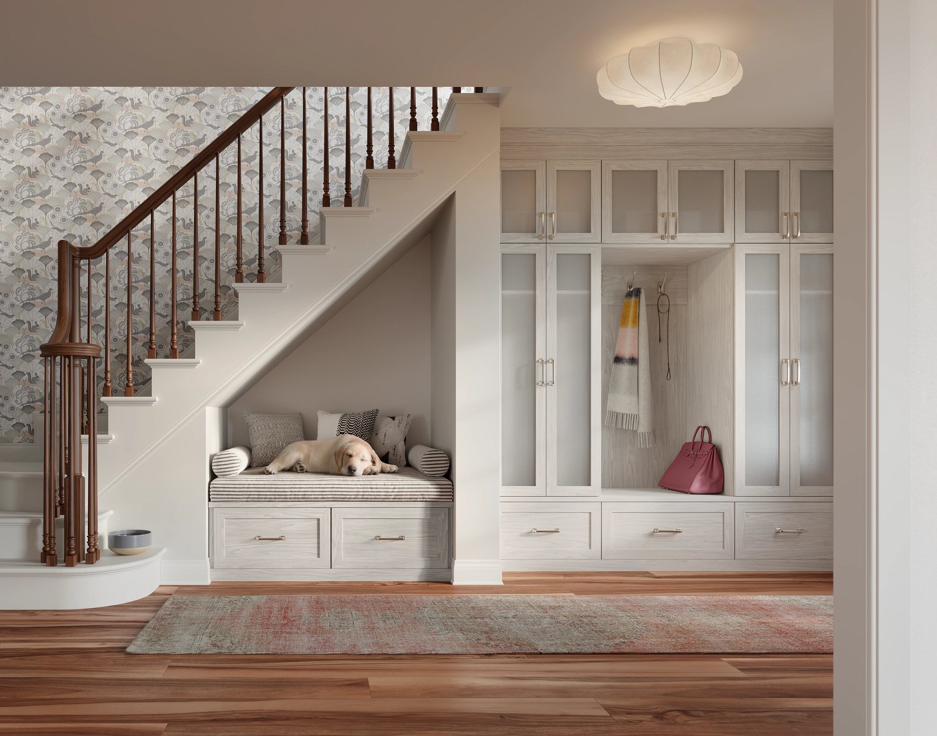 Custom Entryway Storage Light-toned entryway closet with bench under stairs by California Closets Norwalk, Connecticut.