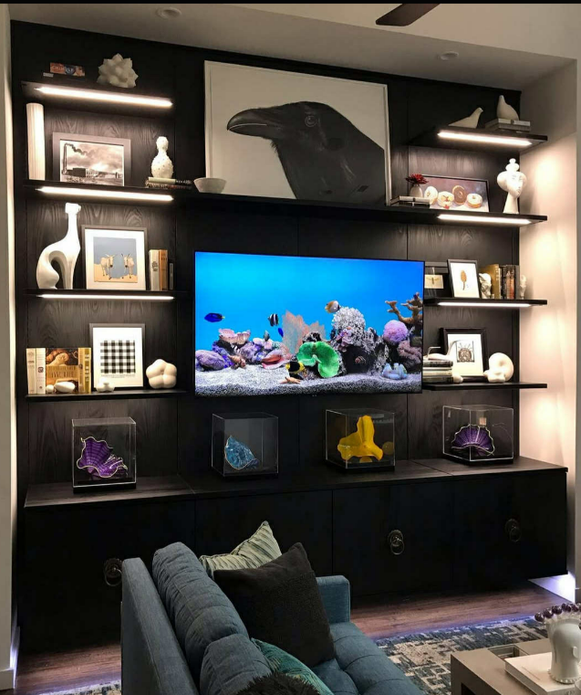 Virtuoso Wall Unit Modern floating media center with tv and pieces of wall art