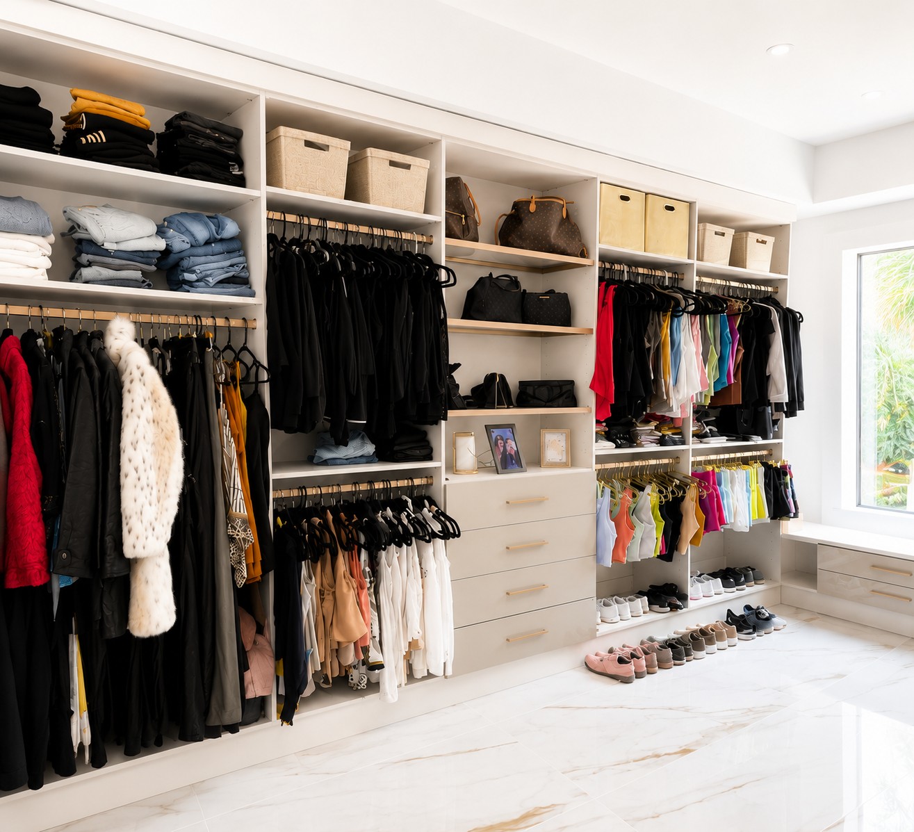 Primary Walk-in Closet Primary walk-in closet with hanging space and drawers for clothes and accessories