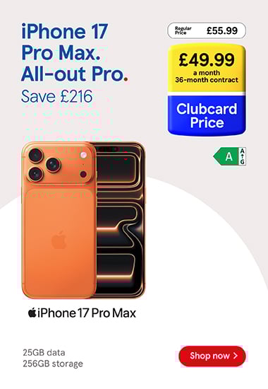 Save on iPhone deals with frozen Clubcard prices at Tesco Mobile, Shop now!
