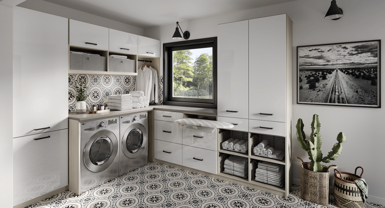Detroit Laundry Room Renovation home laundry room renovation with white cabinetry and decorative backsplash