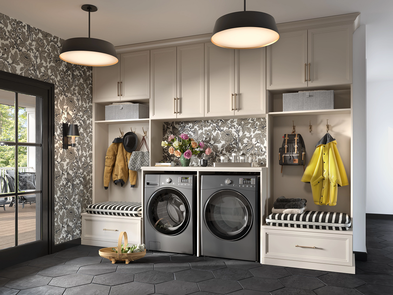 Multi-functional Mudroom/Laundry Room Light-toned laundry/mudroom with cubbies, benches, drawers by California Closets Norwalk, CT.