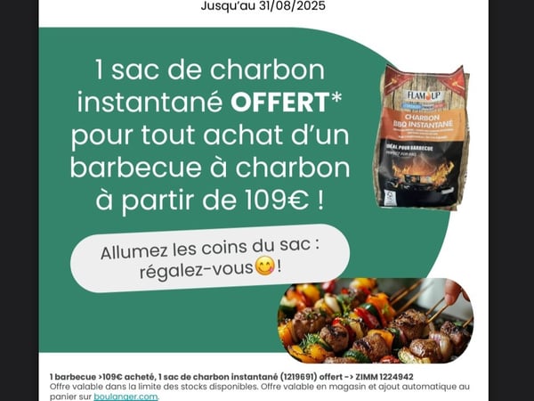 sac de charbon offert pour tout achat d'un barbecue à charbon à partir de 109 € magasin boulanger chalon sur saone