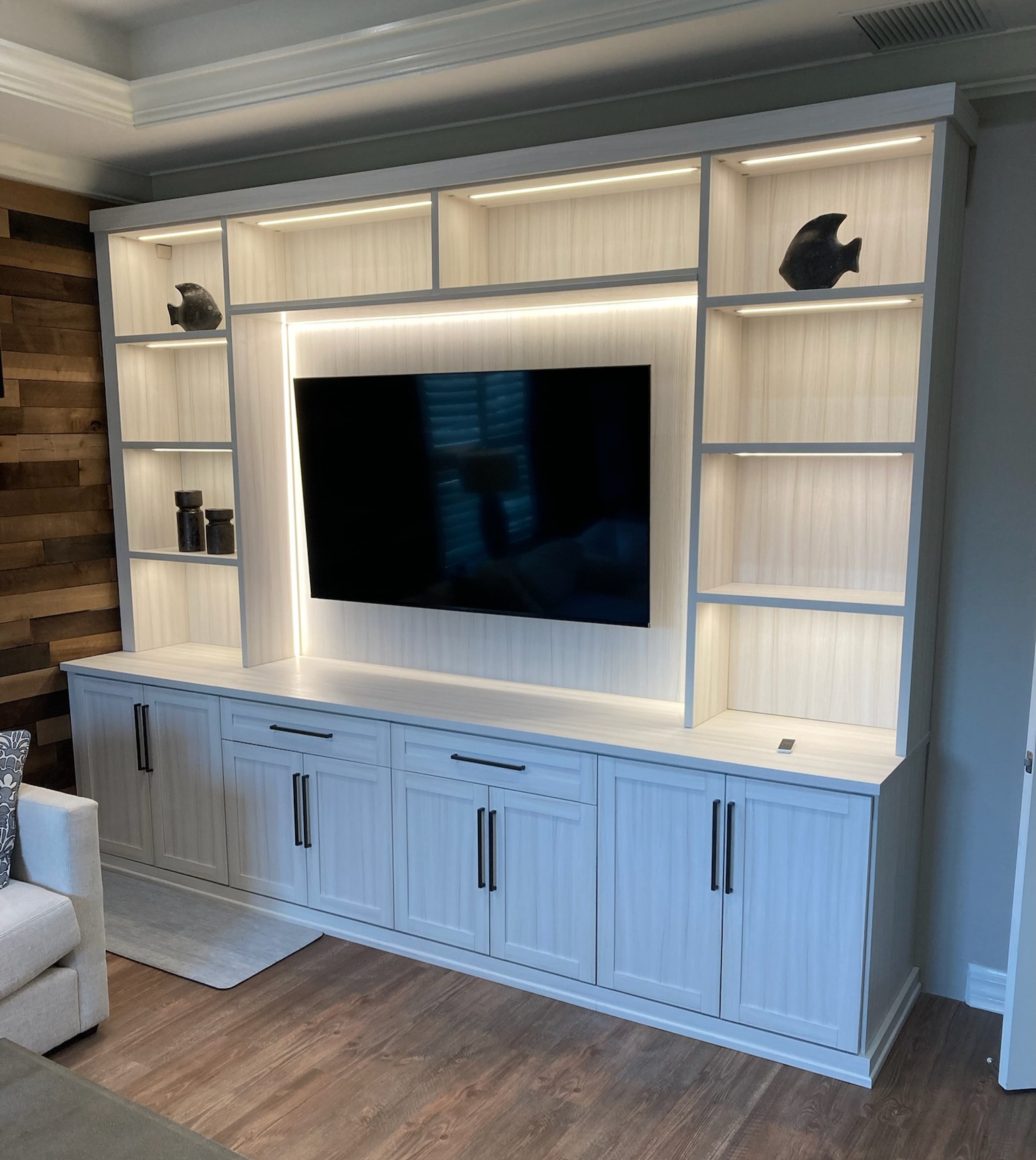 Entertainment Center in Tuscan Moon with LED Lighting & Shaker Fronts ENTERTAINMENT CENTER in the finish TUSCAN MOON with LED lighting and SHAKER FRONTS