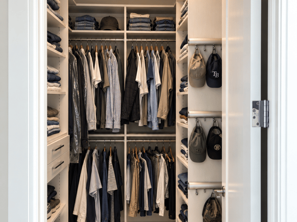 A thoughtfully designed closet that maximizes a compact space with floor-to-ceiling storage, dedicated hanging areas, shelving, and specialized organization for clothing, shoes, and accessories. Custom walk-in closet with double-hang clothing storage, built-in shelving, shoe organization, and floor-to-ceiling cabinetry.