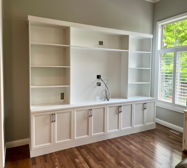 Custom Media Center media center, built in entertainment center, entertainment center, custom cabinets, living room storage, bookshelf with cabinets, storage solutions. Macomb, Michigan