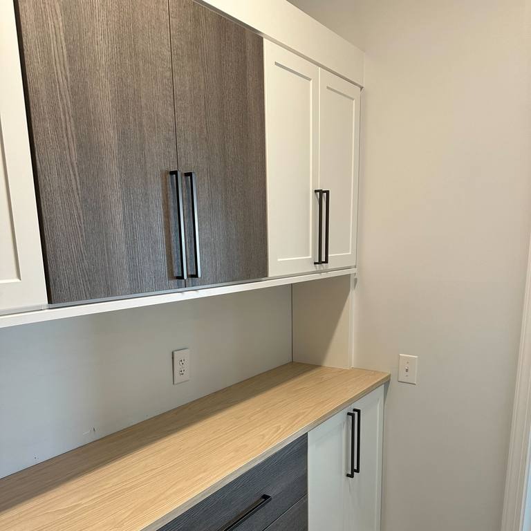 Elevated Pantry Drawers Pantry drawers with Ash and Natural White finish.