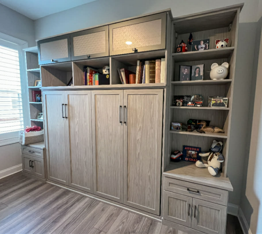 Wall Bed with Storage light wood grain wall bed with book shelving