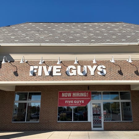 Entrance to the Five Guys restaurant at 7036 Hospital Drive in Dublin, Ohio.