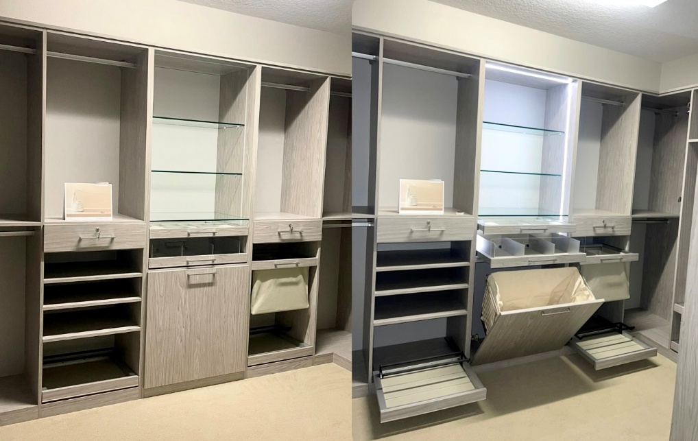 Versatile Primary Closet Custom primary closet in Grigio and Sunset Mist with matte aluminum handles.