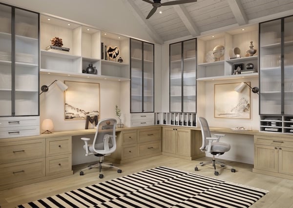 home office with lighting, wide range of desk space, and a printer drawer