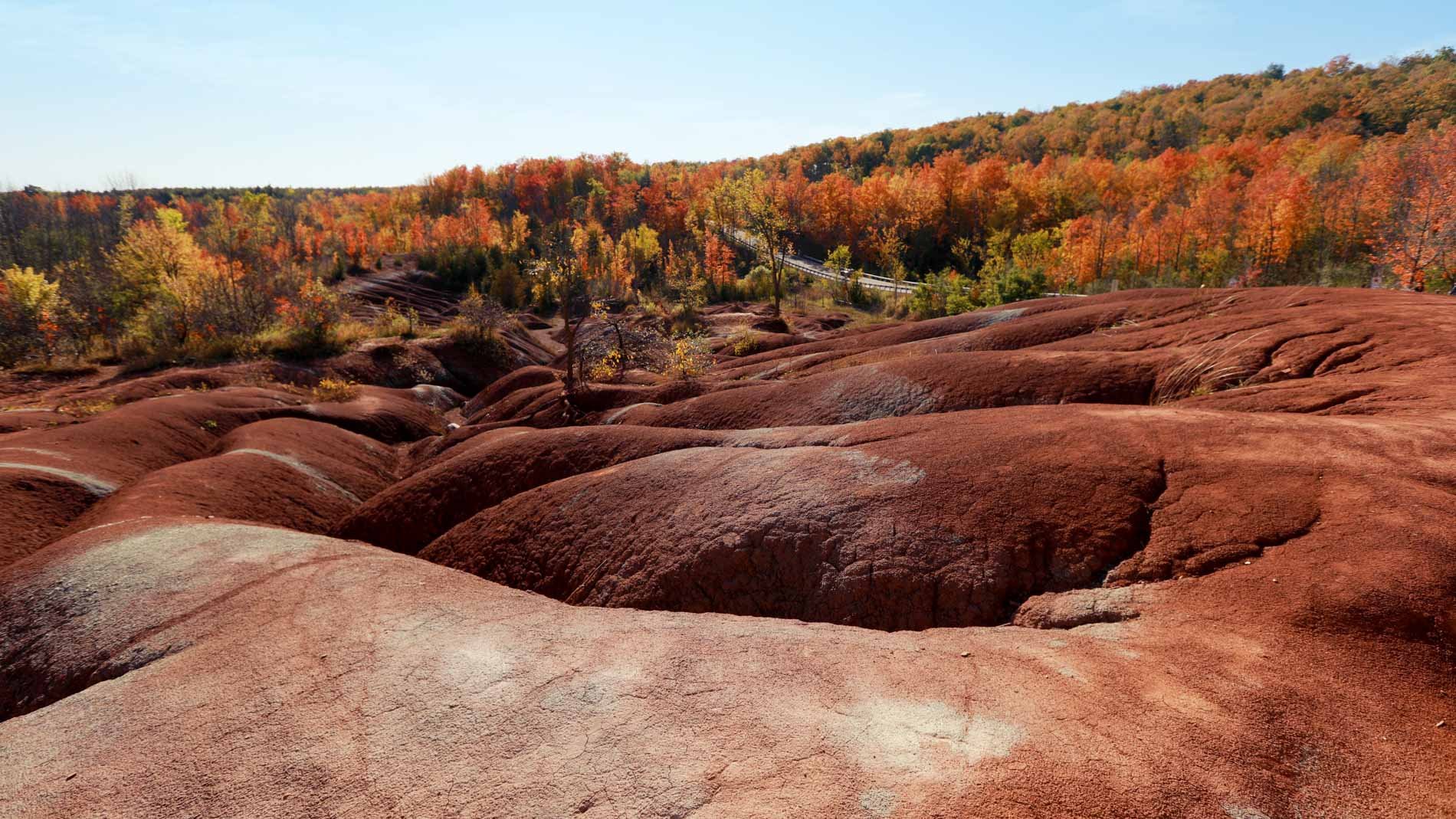 Daytime Fall view of red clay hills in Caledon, Ontario.
