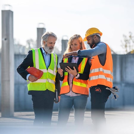 Three people in vests at a construction site