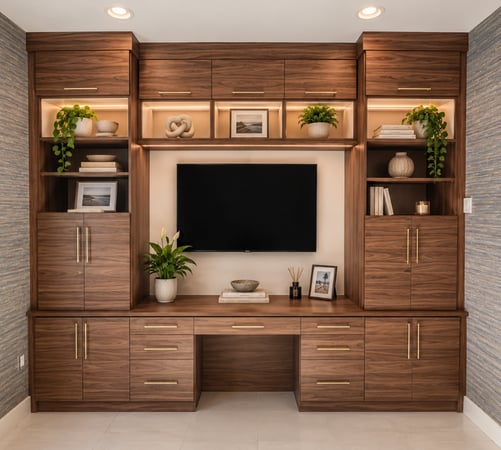 Custom entertainment center featuring rich dark wood grain cabinetry, a built-in desk workspace, integrated TV wall storage, display shelving, concealed cabinets, and elegant gold hardware. This multifunctional design combines a custom media center and home office with personalized storage, built-in cabinetry, and a seamless wall unit for modern living. Custom dark wood media center with built-in desk, TV wall, display shelving, and storage cabinets.