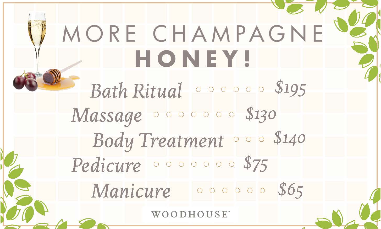 Relax the mind and body with our Honey and Champagne infused luxury seasonal treatments.