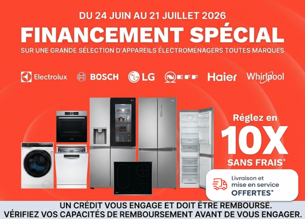 Équipez votre maison sans attendre grâce à notre offre de financement en 10 fois sans frais sur une sélection de produits électroménagers.
✔️ Répartissez vos paiements en 10 mensualités sans coût supplémentaire.
✔️ Profitez immédiatement des équipements dont vous avez besoin.
✔️ Une solution simple, pratique et sans intérêts.
Que vous recherchiez un réfrigérateur, un lave-linge, un lave-vaisselle ou tout autre appareil électroménager éligible, c’est le moment idéal pour concrétiser vos projets.
N’attendez plus ! Découvrez notre sélection de produits concernés par l’offre et profitez d’un paiement en toute sérénité.