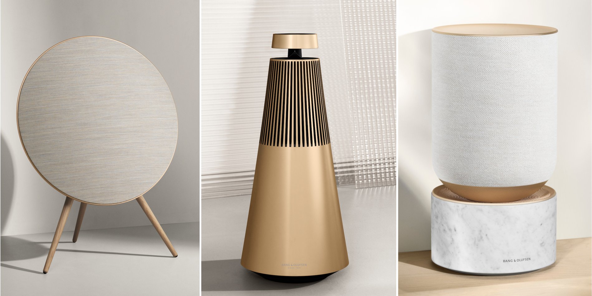 Golden headphones and speakers by Bang & Olufsen