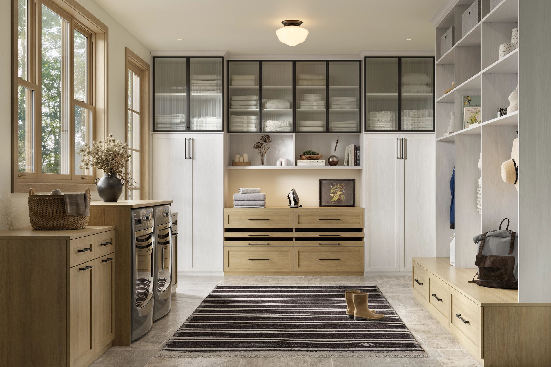 Custom laundry room with built-in cabinets, open shelving, glass-front upper storage, and integrated seating bench by California Closets Nashville, Tennessee.