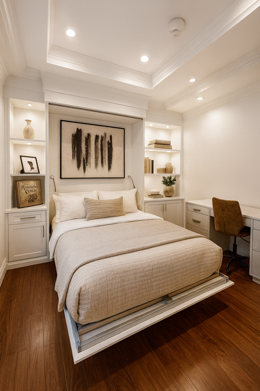 Luxe Murphy Bed Murphy bed in a wall with desk and cabinets and bookshelves California Closets New Orleans and Gulf Coast