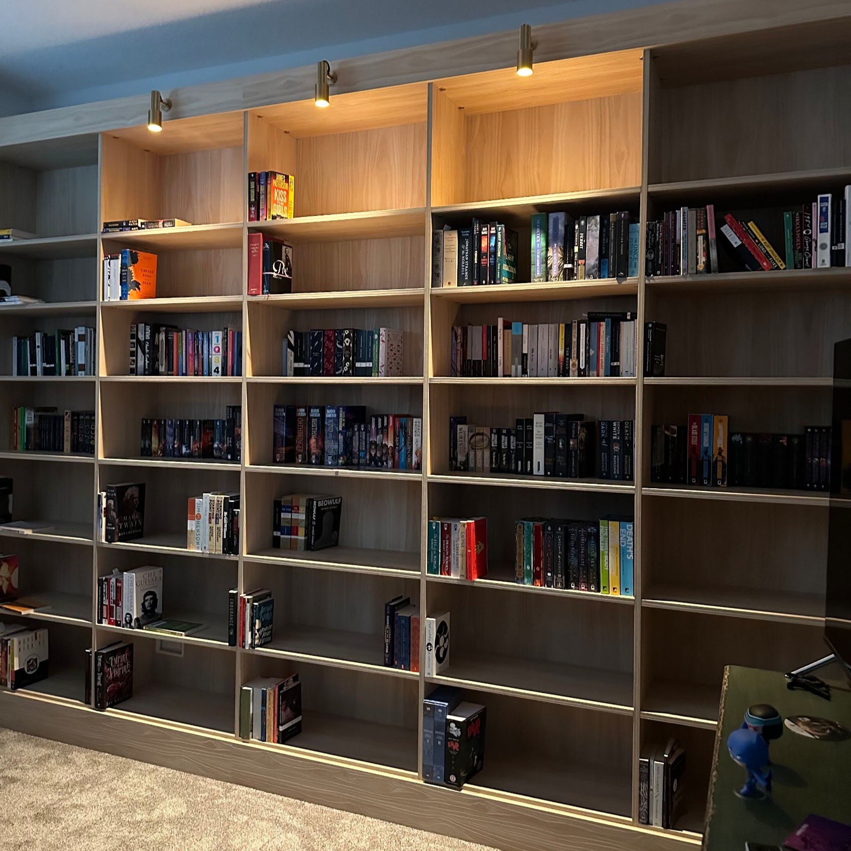Custom Library Wall Floor-to-ceiling custom home library with warm wood shelving, integrated lighting, and open storage for books and décor.