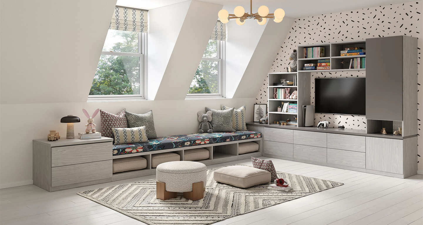 Kid's Playroom and Toy Storage with custom cabinets and media center by California Closets Gulfport & Hattiesburg Mississippi