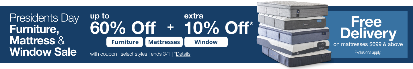 Save up to 60% off plus an extra 10% off during JCPenney's Presidents Day Furniture, Mattress, & Window Sale