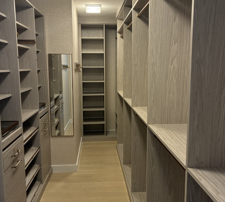 Custom NYC Walk-in Closet California Closets New York City Designer Lea Nardi Custom Luxury walk-in closet gray closet with double hanging space shoe shelving custom jewelry drawers new york city walk in closet pull out mirror custom built in furniture closet goals