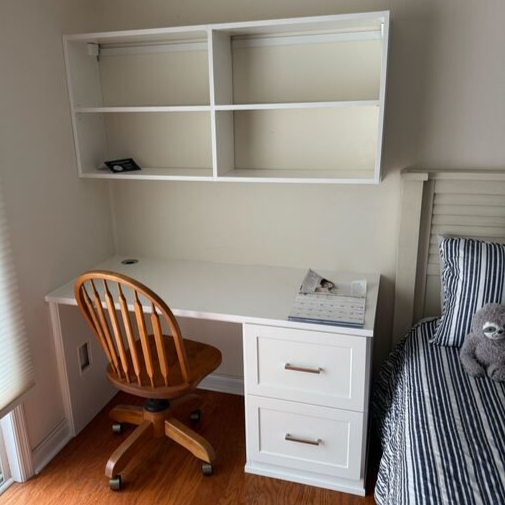 Small Space, Smart Design Wilmington - Custom closets - Compact built-in desk with overhead shelving in a bedroom setting.