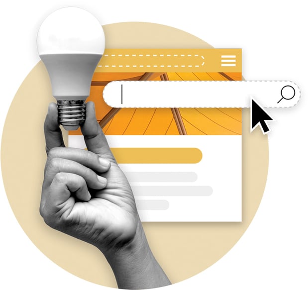 Hand holding lightbulb with arrow interacting with a search bar overlayed on top of a web browser.