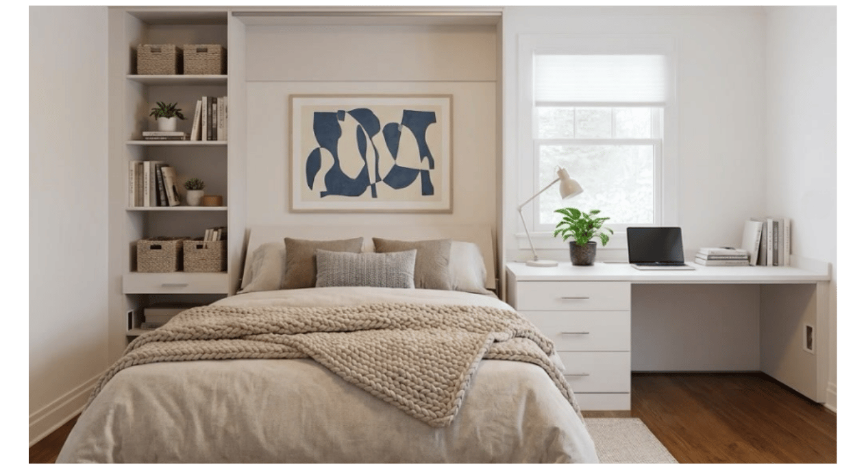 Wallbed Office Combo Light wood wallbed with bookshelves and built-in desk