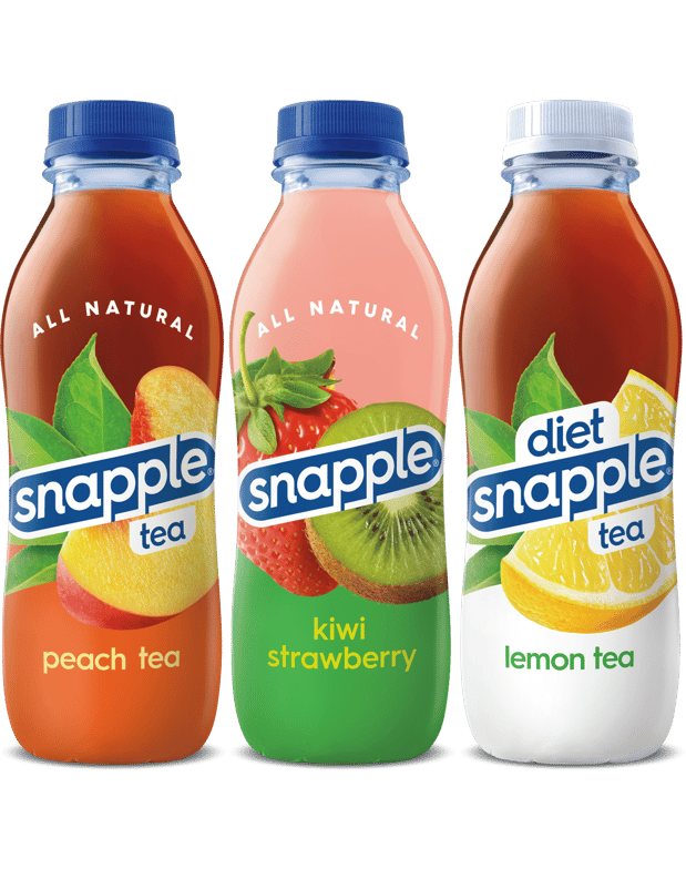 Snapple peach tea, Snapple Kiwi Strawberry, and Snapple Lemon tea