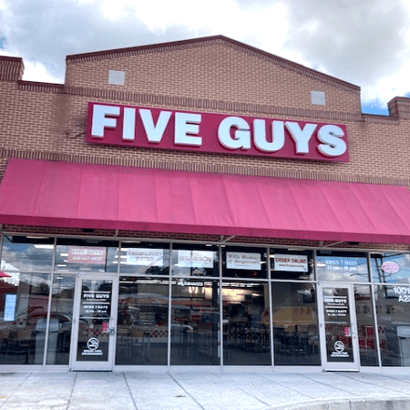 Entrance to the Five Guys store at 10015 York Road in Cockeysville, Maryland.