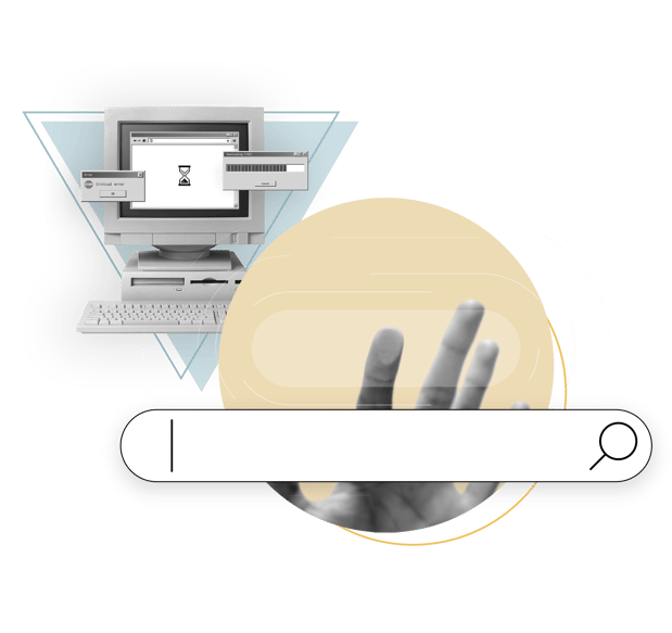 An old computer inside a triangle in the background, a yellow circle with a search bar and someone touching a screen in the foreground.