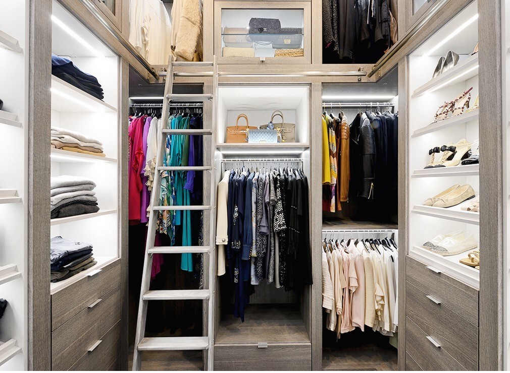 Glamorous Walk-in Closet grey and white walk-in closet with shelves, hanging space and rolling ladder