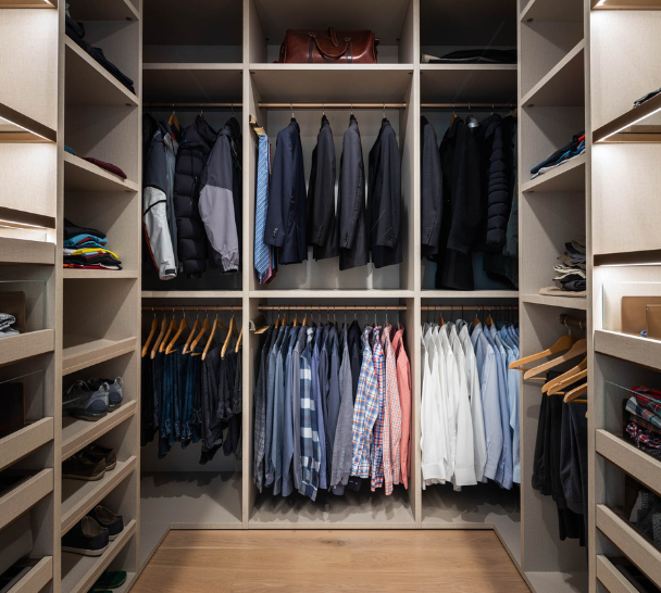 Men's Modern Walk-in Closet Img 5-California Closets Westchester County New York Walk-in Mens Closet with Double Hanging Everstyle Custom Drawer Dividers and Glass Shelving