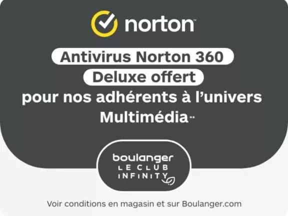 💻 Avec le **Club Infinity** de Boulanger, profitez de **Norton 360 inclus** pour protéger tous vos appareils contre virus, malwares et menaces en ligne.
🔒 Naviguez, achetez et utilisez vos équipements en toute tranquillité grâce à l’antivirus, le VPN, la sauvegarde cloud et le gestionnaire de mots de passe intégrés !