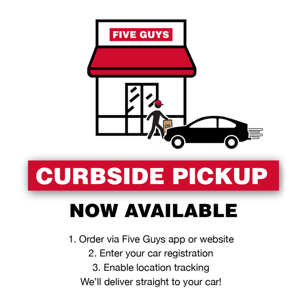 Curbside Pick up available now at Five Guys Milton Keynes Xscape. Order on Click & Collect, enter car registration, enable geolocation and we'll deliver straight to your car.