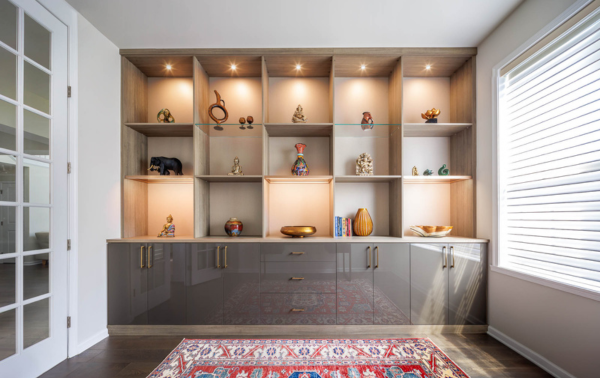 Lighted Gray & White Wall Unit Img 2 - California Closets Hudson Valley New York Gray and White Home Office Custom Wall Unit Custom Home Office with High Gloss Gray Drawers, Glass Shelves, Closet Lighting, and Bookshelves